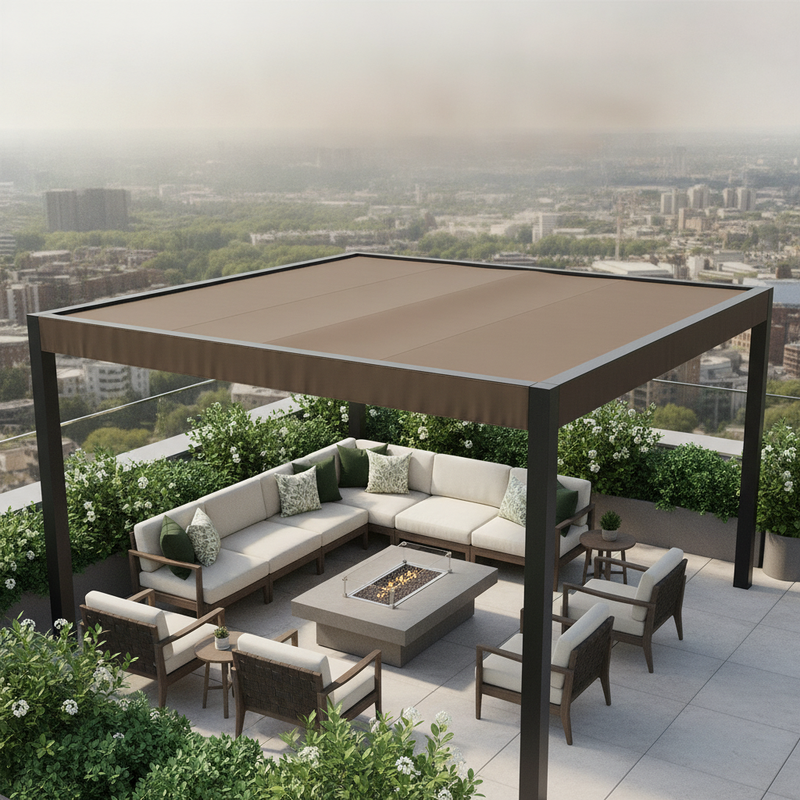 A modern London patio with an Alion Home pergola cover in muddy water color, shading outdoor furniture. Green and cream tones