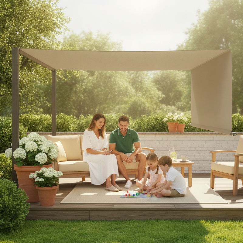 Family relaxing under an Alion Home muddy water-colored pergola cover in a sunny modern British garden, demonstrating summer 
