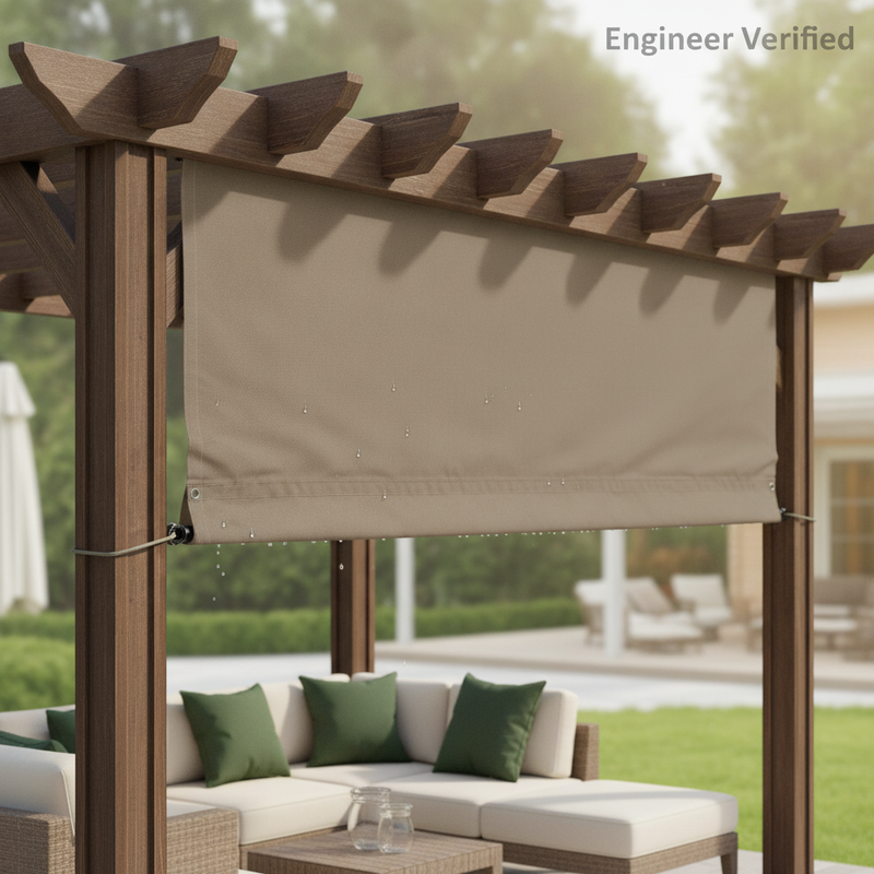 Alion Home 'muddy water' pergola cover installed on a modern wooden pergola in a British garden, showcasing its waterproof ma