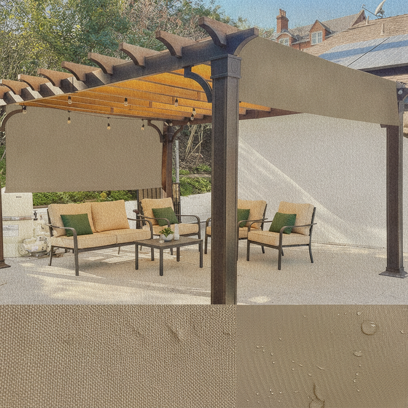 Alion Home 'muddy water' pergola cover installed on a modern dark metal pergola on a contemporary British patio, providing sh