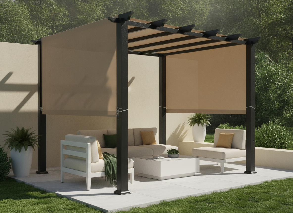 Alion Home muddy water pergola canopy installed over a modern outdoor patio in a contemporary British garden, providing ample