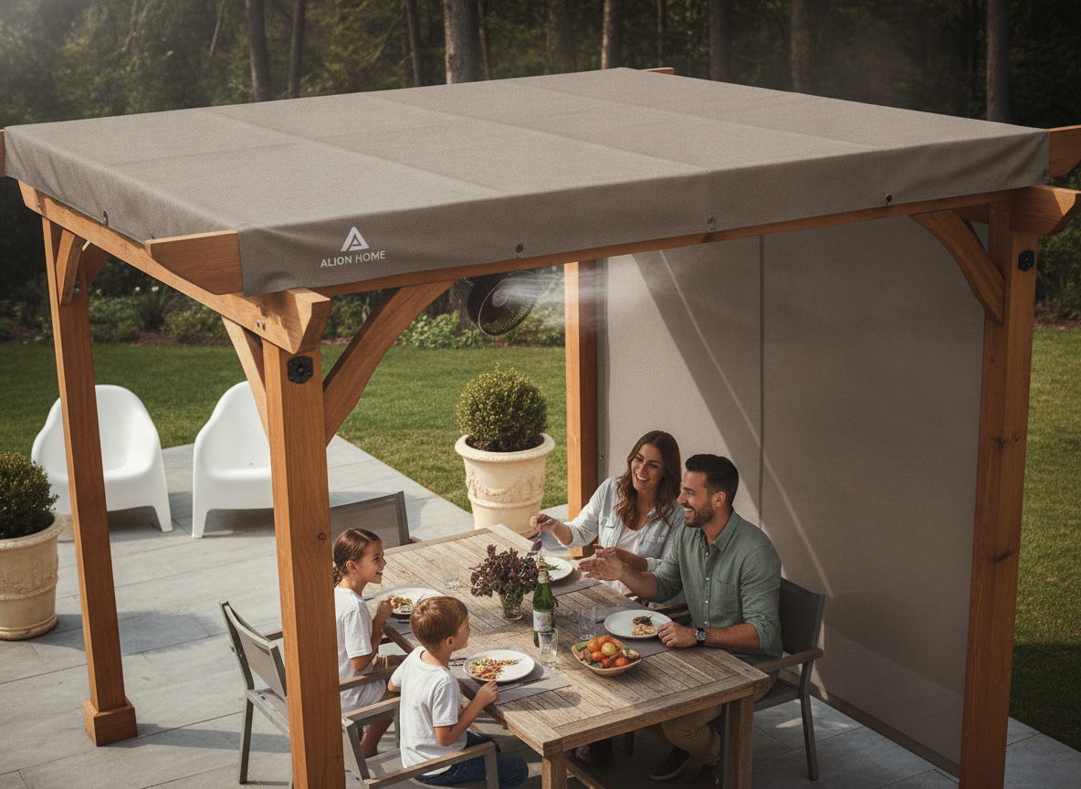 A British family relaxes under an Alion Home muddy water pergola cover on a cedar pergola, enjoying a transformed patio.